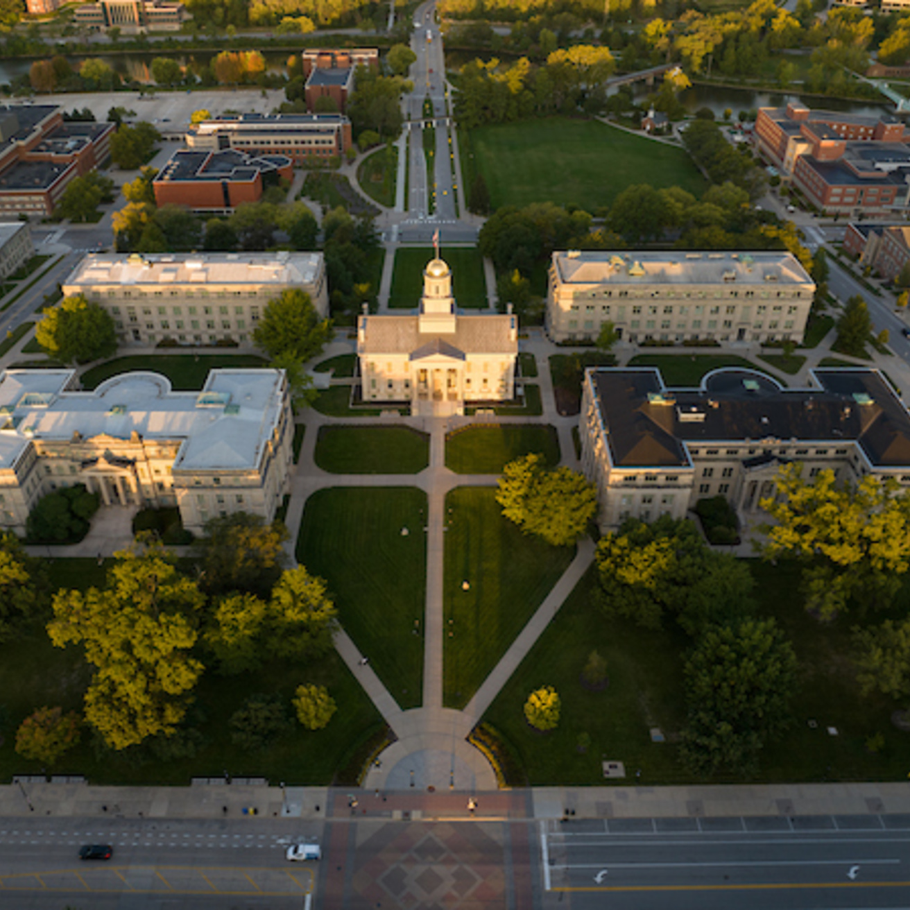 Drone image of Pentacrest at Sunrise